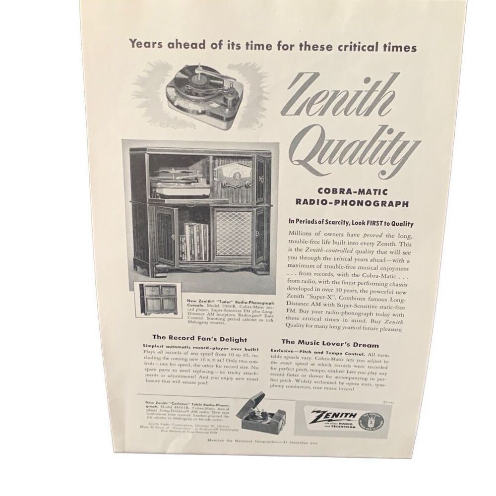 Vintage 1951 Zenith Cobra-Matic Radio-Phonograph Ad Advertisement